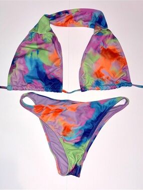 Forever 21 Multicolor Tie-Dye Triangle Bikini - Purple, Blue, Green, Orange